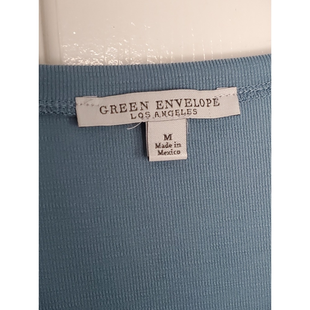 Green Envelope Top Blue‎ Ruched Puff Sleeve V-Neck Modal Blend Blouse Medium - Picture 5 of 6